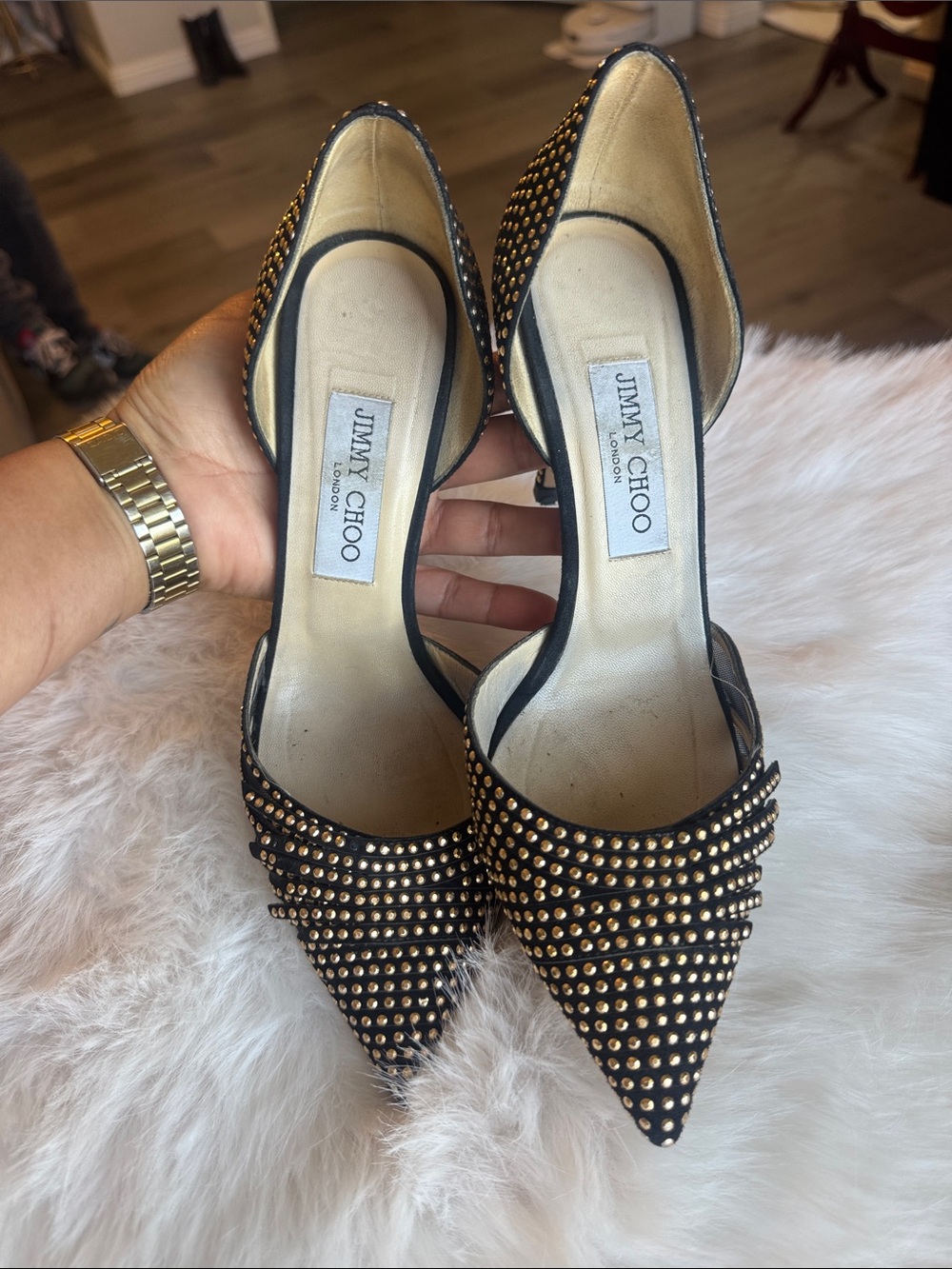 Jimmy Choo Black & Gold Studded Pointed D'Orsay Heels